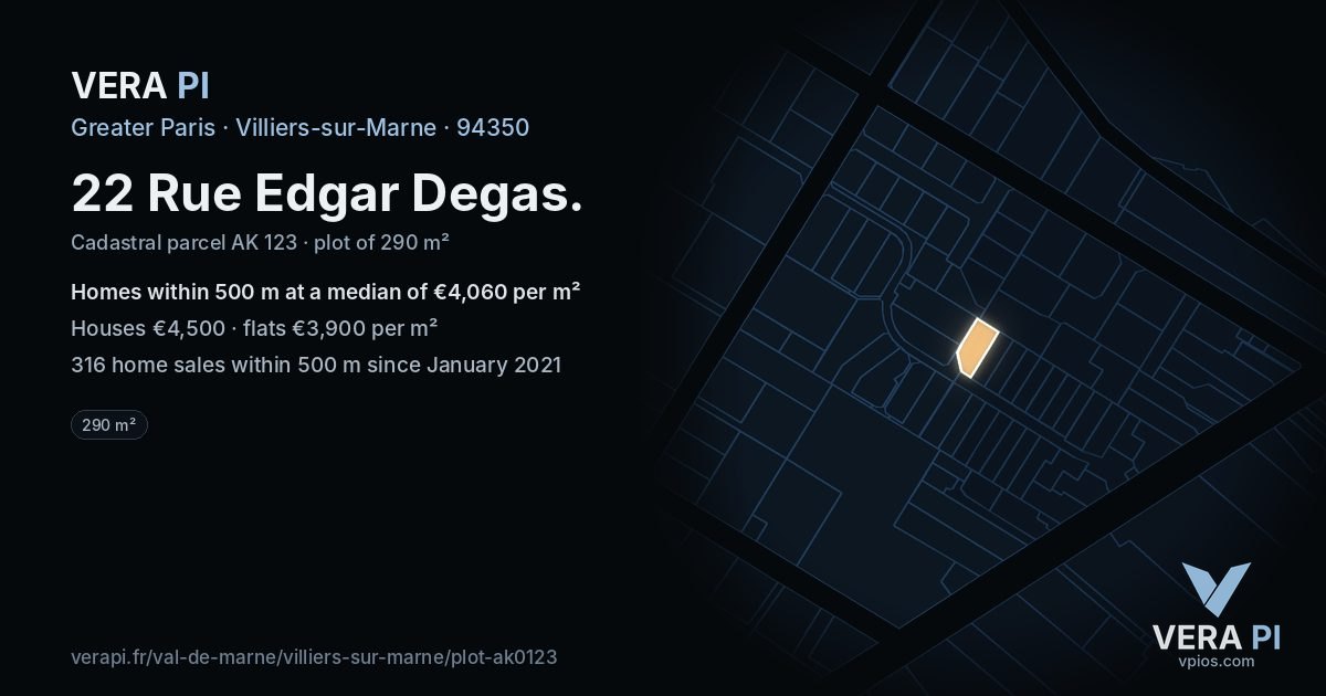 22 Rue Edgar Degas, Villiers-sur-Marne at night – the plot lit, the parcels around coloured by the prices near them