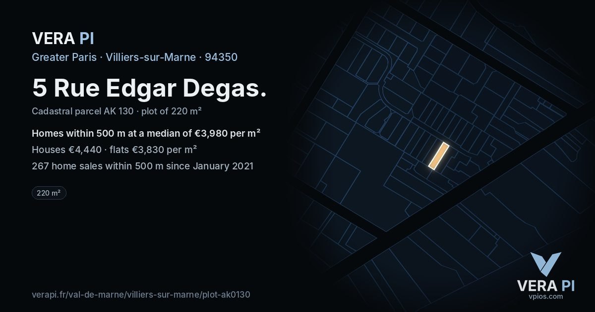5 Rue Edgar Degas, Villiers-sur-Marne at night – the plot lit, the parcels around coloured by the prices near them
