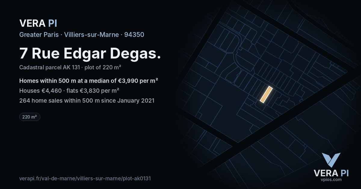 7 Rue Edgar Degas, Villiers-sur-Marne at night – the plot lit, the parcels around coloured by the prices near them