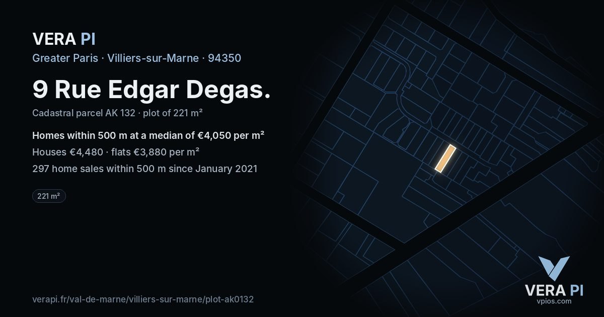 9 Rue Edgar Degas, Villiers-sur-Marne at night – the plot lit, the parcels around coloured by the prices near them