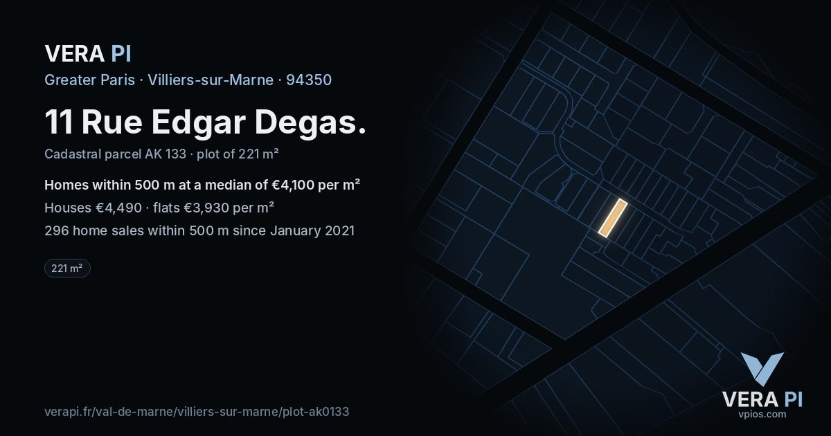 11 Rue Edgar Degas, Villiers-sur-Marne at night – the plot lit, the parcels around coloured by the prices near them