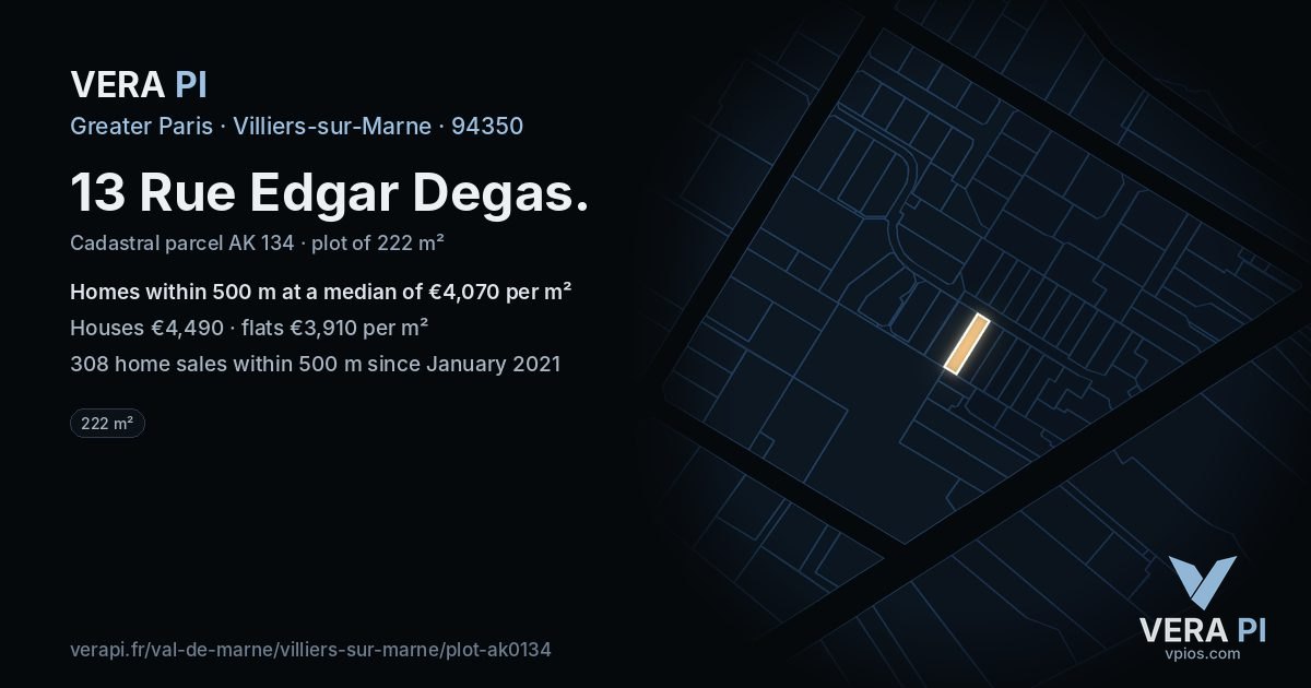 13 Rue Edgar Degas, Villiers-sur-Marne at night – the plot lit, the parcels around coloured by the prices near them