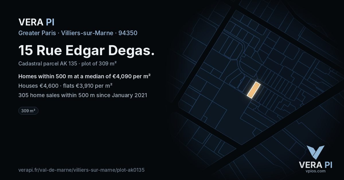 15 Rue Edgar Degas, Villiers-sur-Marne at night – the plot lit, the parcels around coloured by the prices near them
