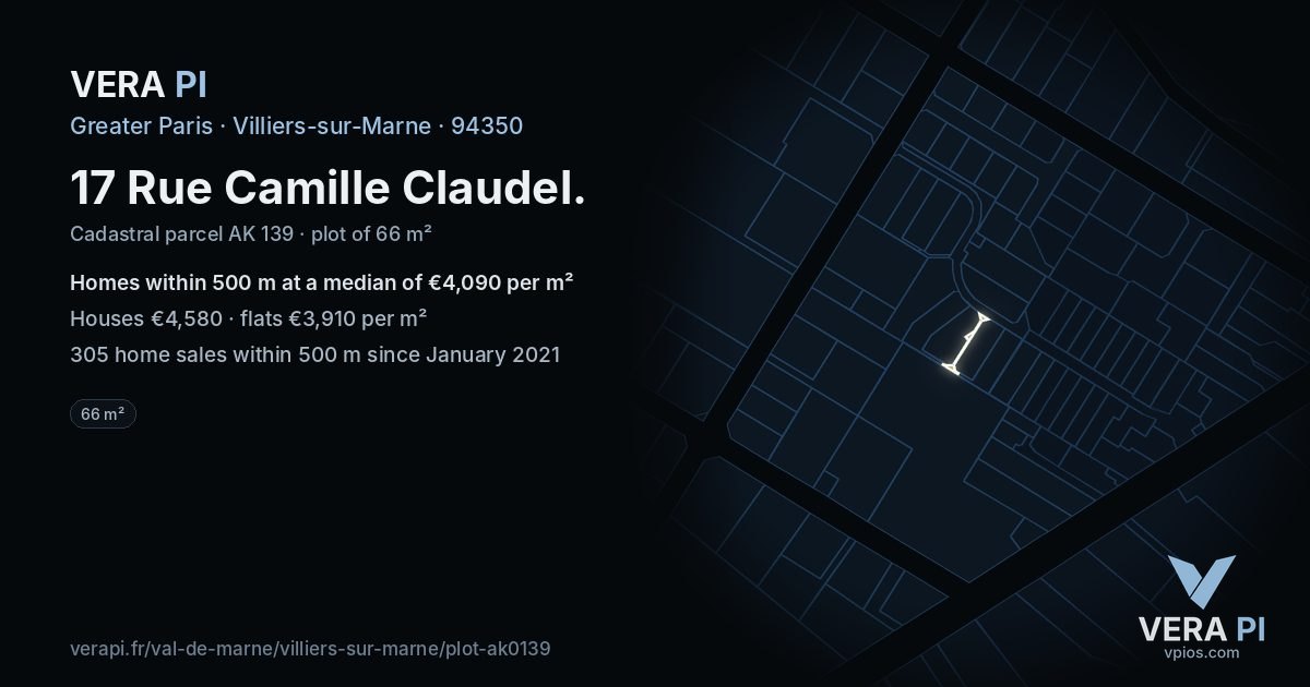 17 Rue Camille Claudel, Villiers-sur-Marne at night – the plot lit, the parcels around coloured by the prices near them