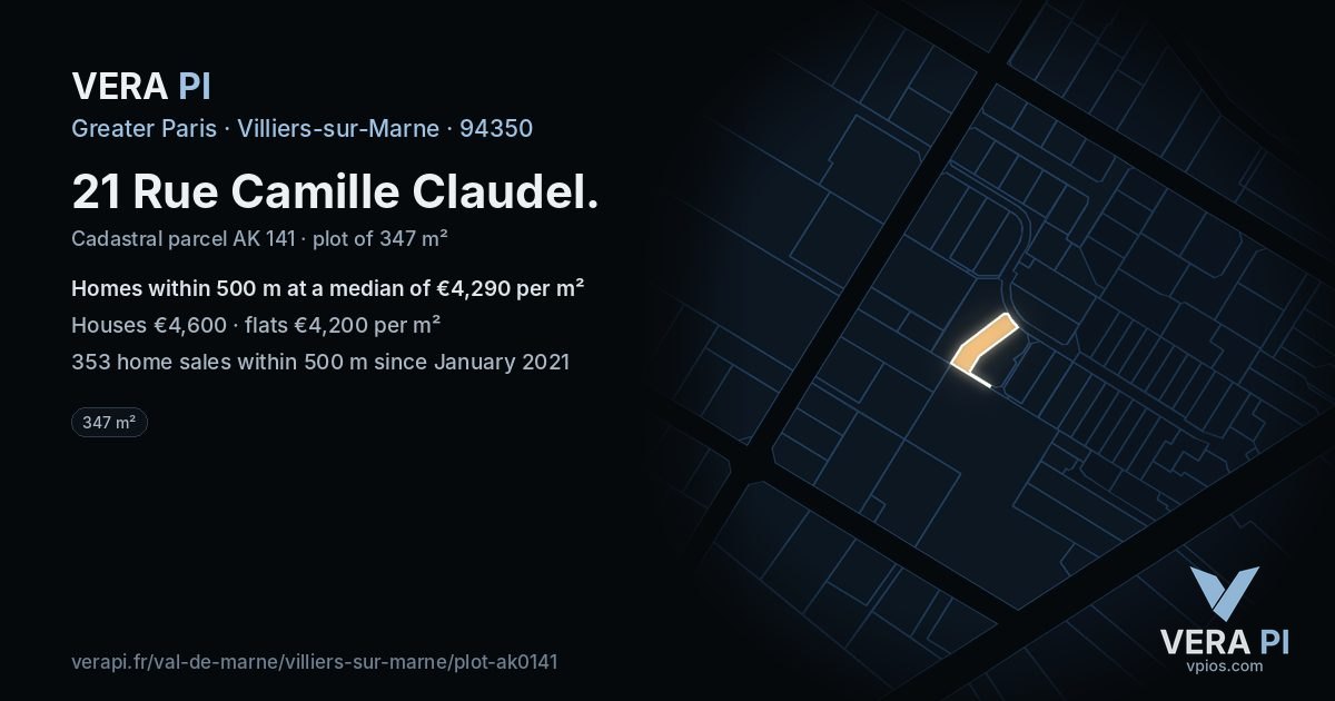 21 Rue Camille Claudel, Villiers-sur-Marne at night – the plot lit, the parcels around coloured by the prices near them