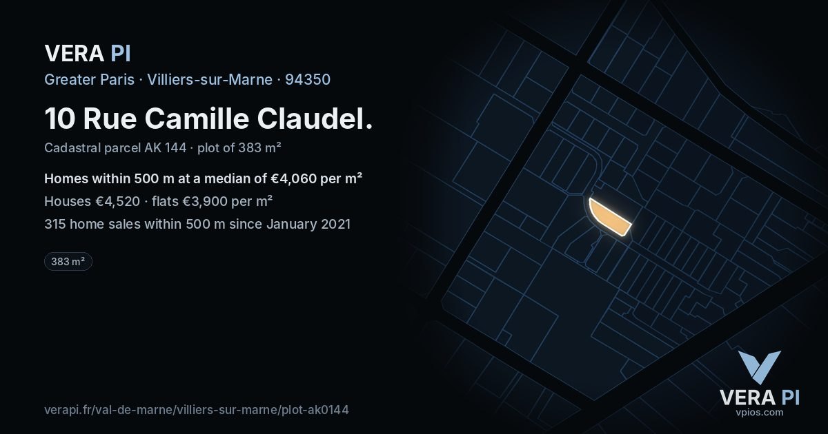 10 Rue Camille Claudel, Villiers-sur-Marne at night – the plot lit, the parcels around coloured by the prices near them