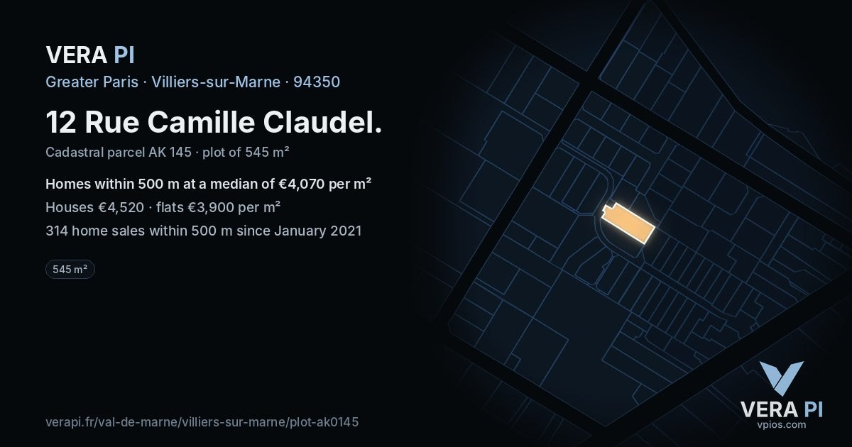 12 Rue Camille Claudel, Villiers-sur-Marne at night – the plot lit, the parcels around coloured by the prices near them
