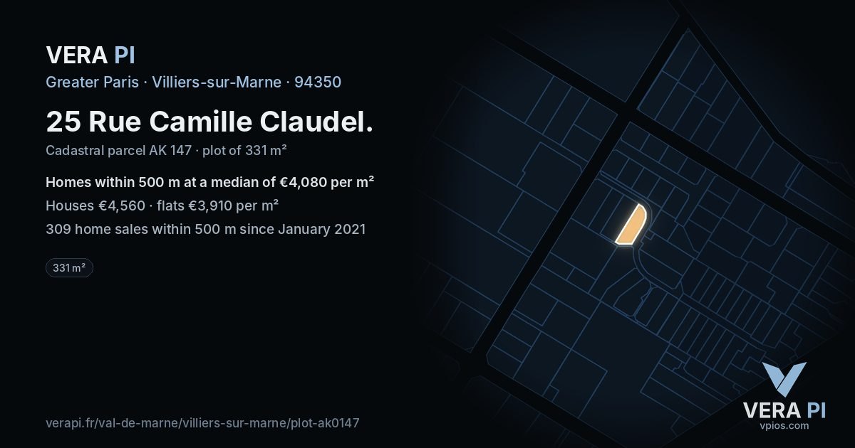 25 Rue Camille Claudel, Villiers-sur-Marne at night – the plot lit, the parcels around coloured by the prices near them