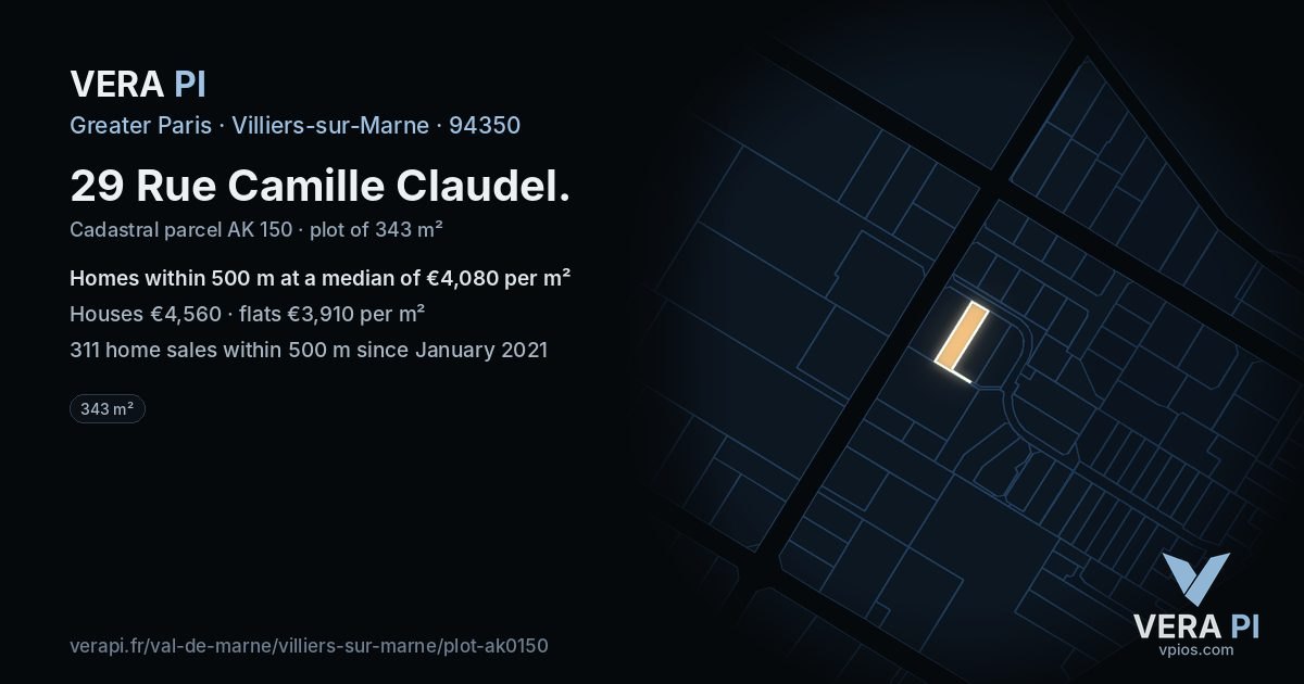 29 Rue Camille Claudel, Villiers-sur-Marne at night – the plot lit, the parcels around coloured by the prices near them