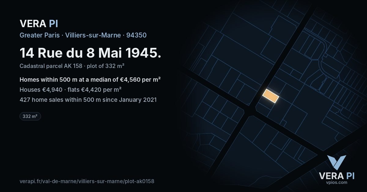 14 Rue du 8 Mai 1945, Villiers-sur-Marne at night – the plot lit, the parcels around coloured by the prices near them