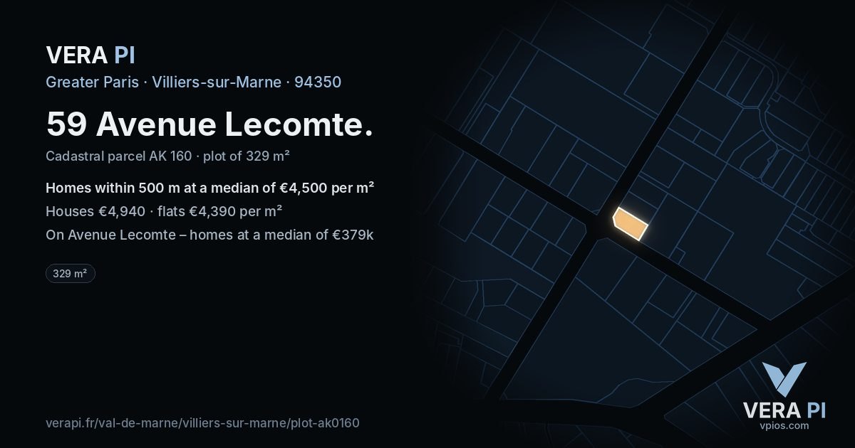 59 Avenue Lecomte, Villiers-sur-Marne at night – the plot lit, the parcels around coloured by the prices near them