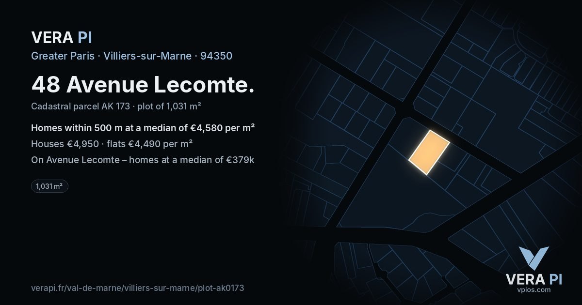48 Avenue Lecomte, Villiers-sur-Marne at night – the plot lit, the parcels around coloured by the prices near them