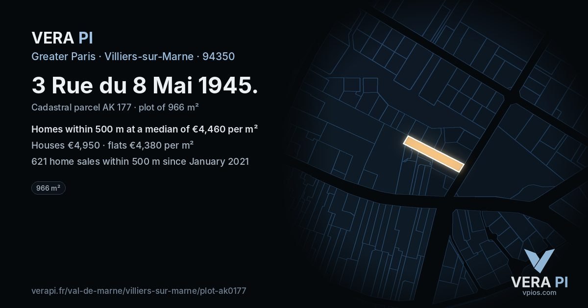 3 Rue du 8 Mai 1945, Villiers-sur-Marne at night – the plot lit, the parcels around coloured by the prices near them