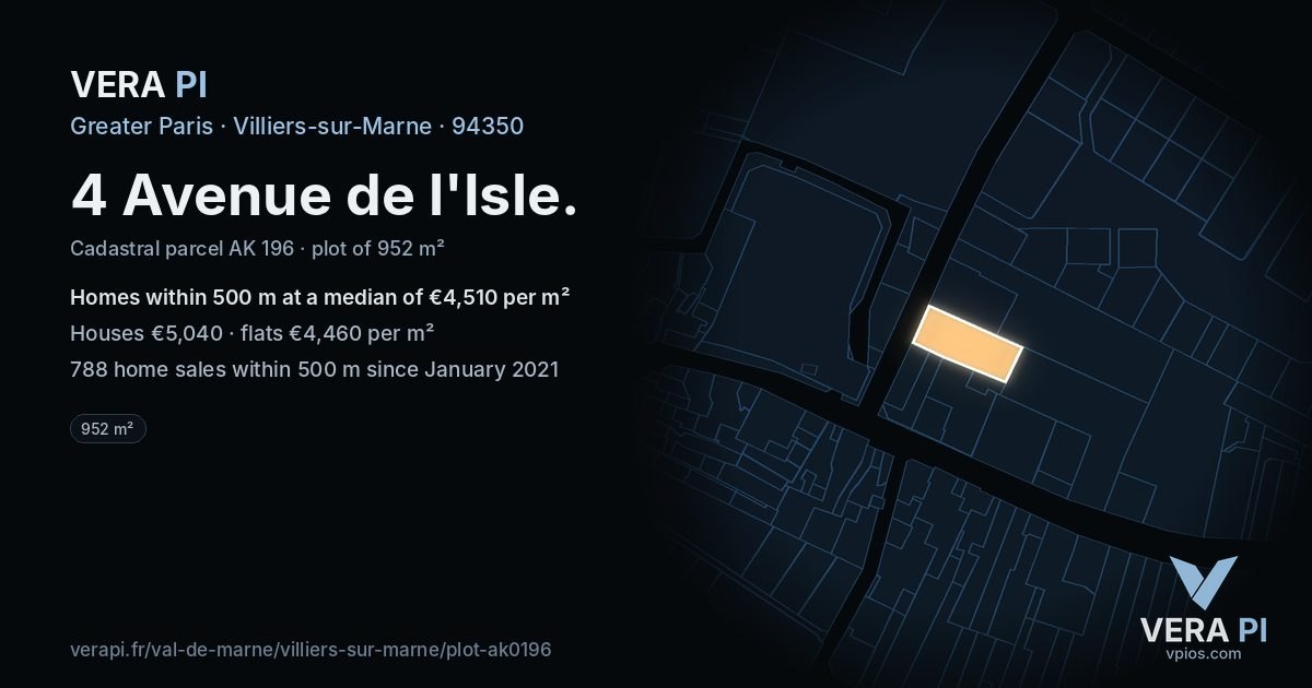 4 Avenue de l'Isle, Villiers-sur-Marne at night – the plot lit, the parcels around coloured by the prices near them