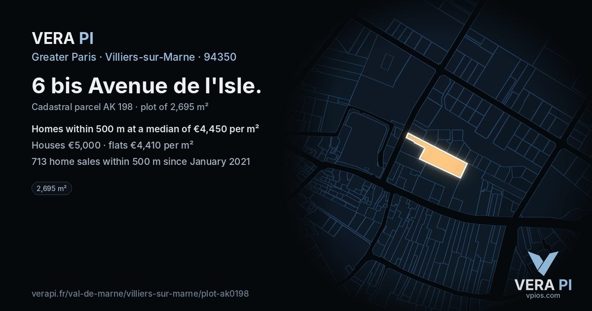 6 bis Avenue de l'Isle, Villiers-sur-Marne at night – the plot lit, the parcels around coloured by the prices near them