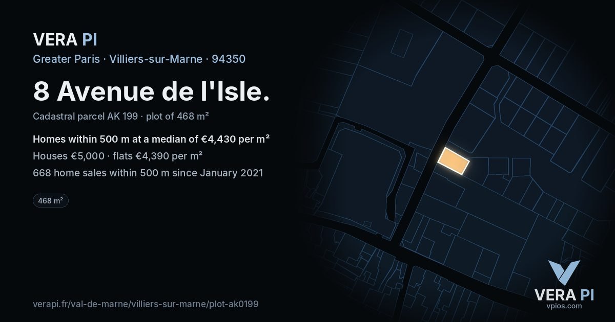 8 Avenue de l'Isle, Villiers-sur-Marne at night – the plot lit, the parcels around coloured by the prices near them