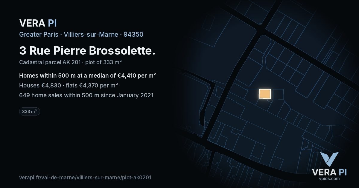 3 Rue Pierre Brossolette, Villiers-sur-Marne at night – the plot lit, the parcels around coloured by the prices near them