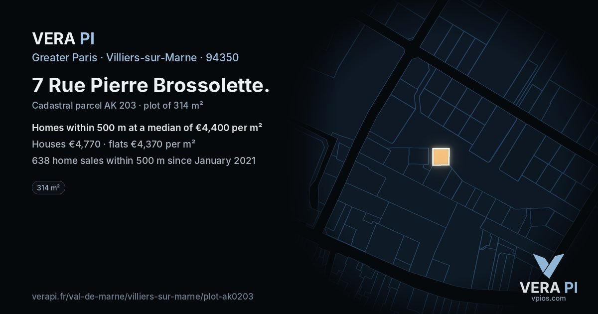 7 Rue Pierre Brossolette, Villiers-sur-Marne at night – the plot lit, the parcels around coloured by the prices near them
