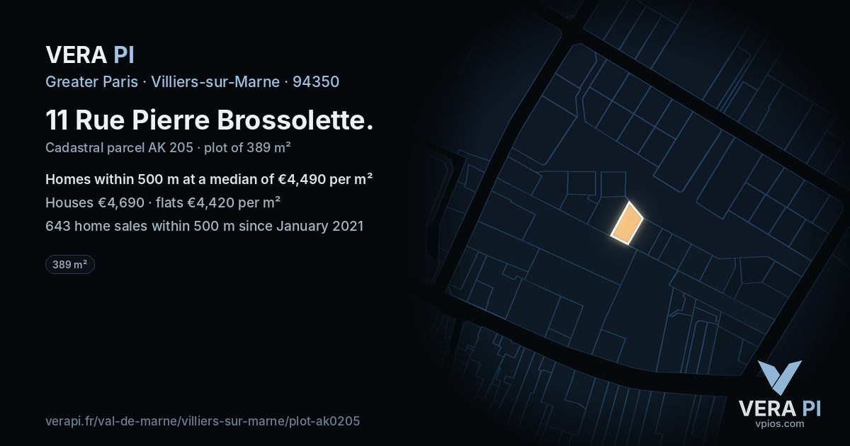 11 Rue Pierre Brossolette, Villiers-sur-Marne at night – the plot lit, the parcels around coloured by the prices near them