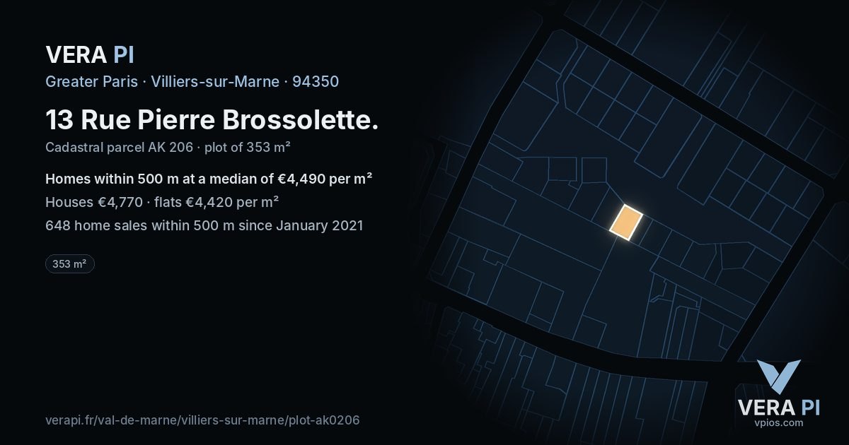 13 Rue Pierre Brossolette, Villiers-sur-Marne at night – the plot lit, the parcels around coloured by the prices near them