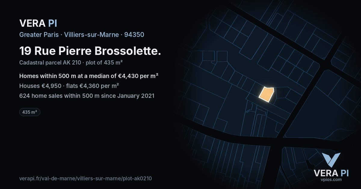 19 Rue Pierre Brossolette, Villiers-sur-Marne at night – the plot lit, the parcels around coloured by the prices near them