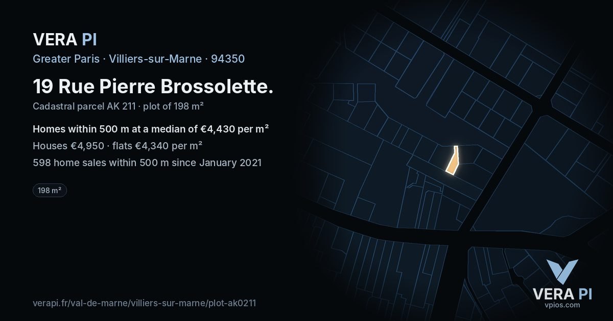 19 Rue Pierre Brossolette, Villiers-sur-Marne at night – the plot lit, the parcels around coloured by the prices near them