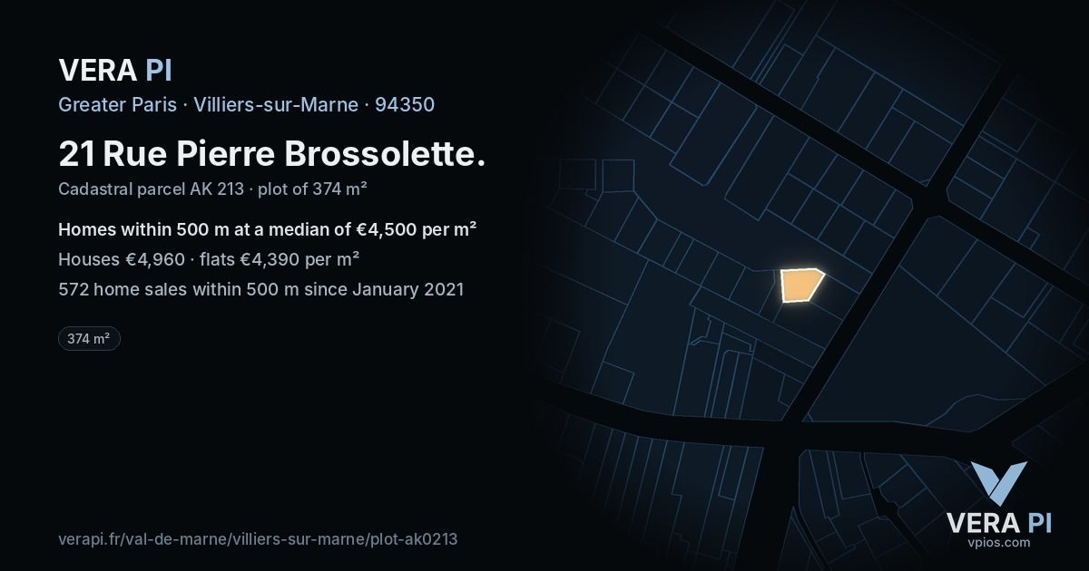 21 Rue Pierre Brossolette, Villiers-sur-Marne at night – the plot lit, the parcels around coloured by the prices near them