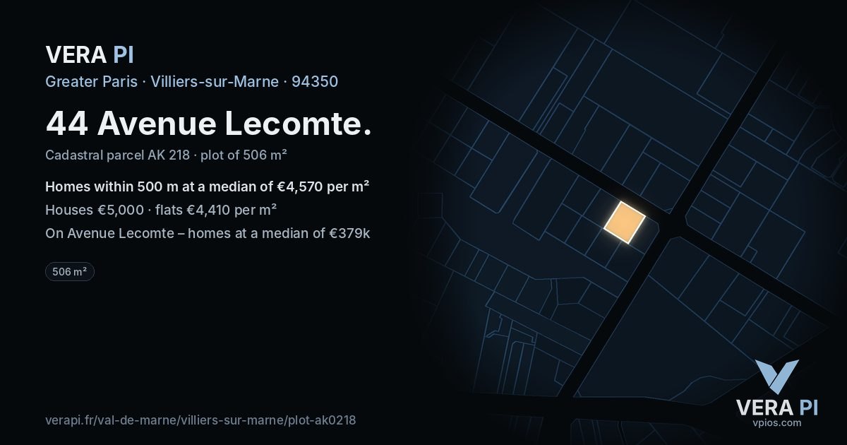 44 Avenue Lecomte, Villiers-sur-Marne at night – the plot lit, the parcels around coloured by the prices near them