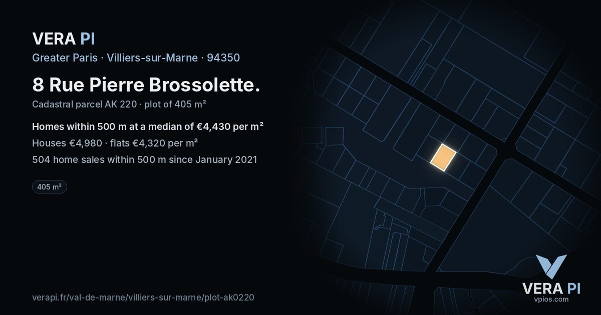 8 Rue Pierre Brossolette, Villiers-sur-Marne at night – the plot lit, the parcels around coloured by the prices near them