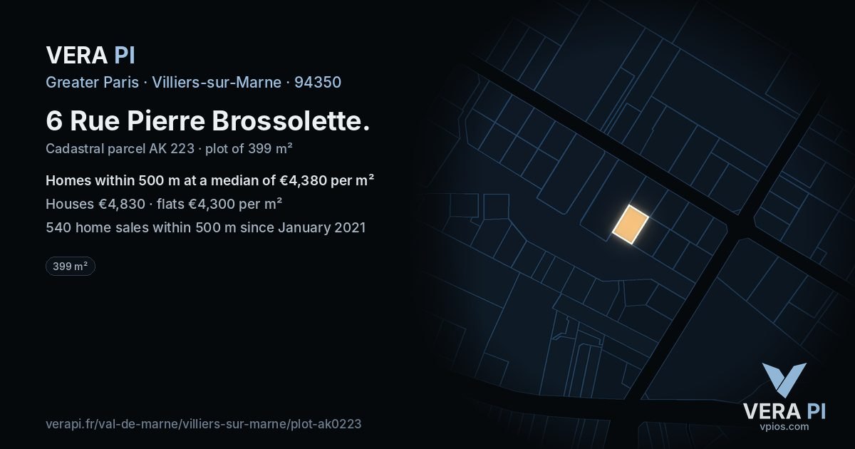 6 Rue Pierre Brossolette, Villiers-sur-Marne at night – the plot lit, the parcels around coloured by the prices near them