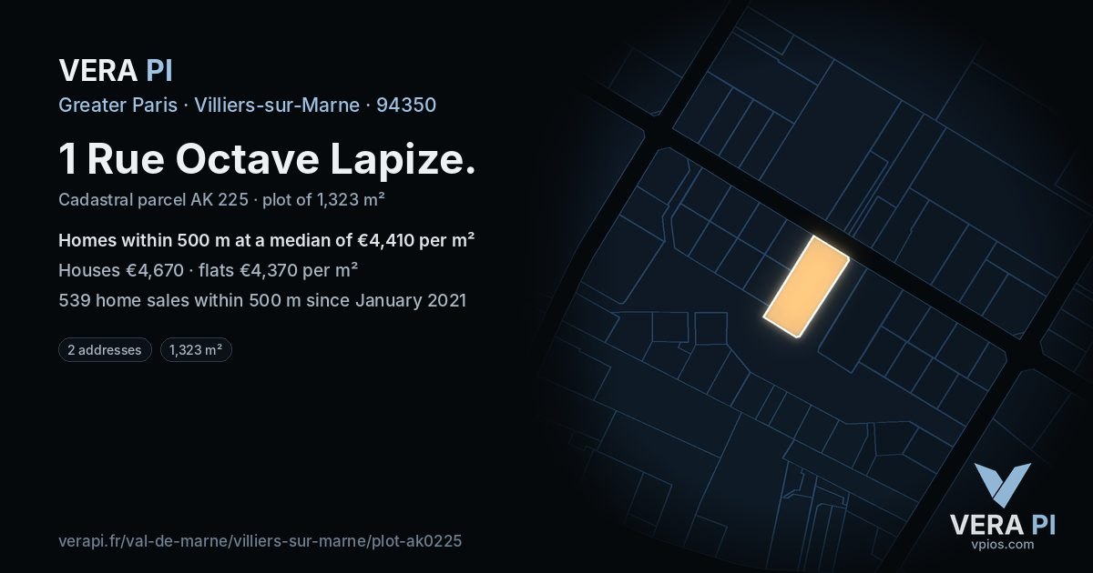 1 Rue Octave Lapize, Villiers-sur-Marne at night – the plot lit, the parcels around coloured by the prices near them