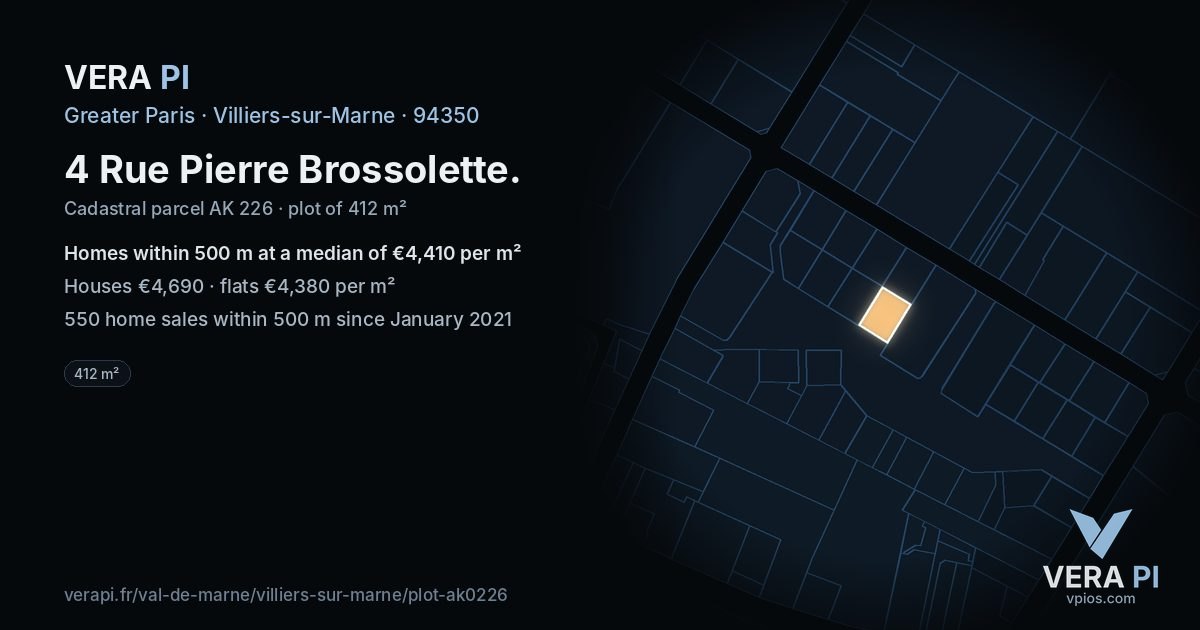 4 Rue Pierre Brossolette, Villiers-sur-Marne at night – the plot lit, the parcels around coloured by the prices near them