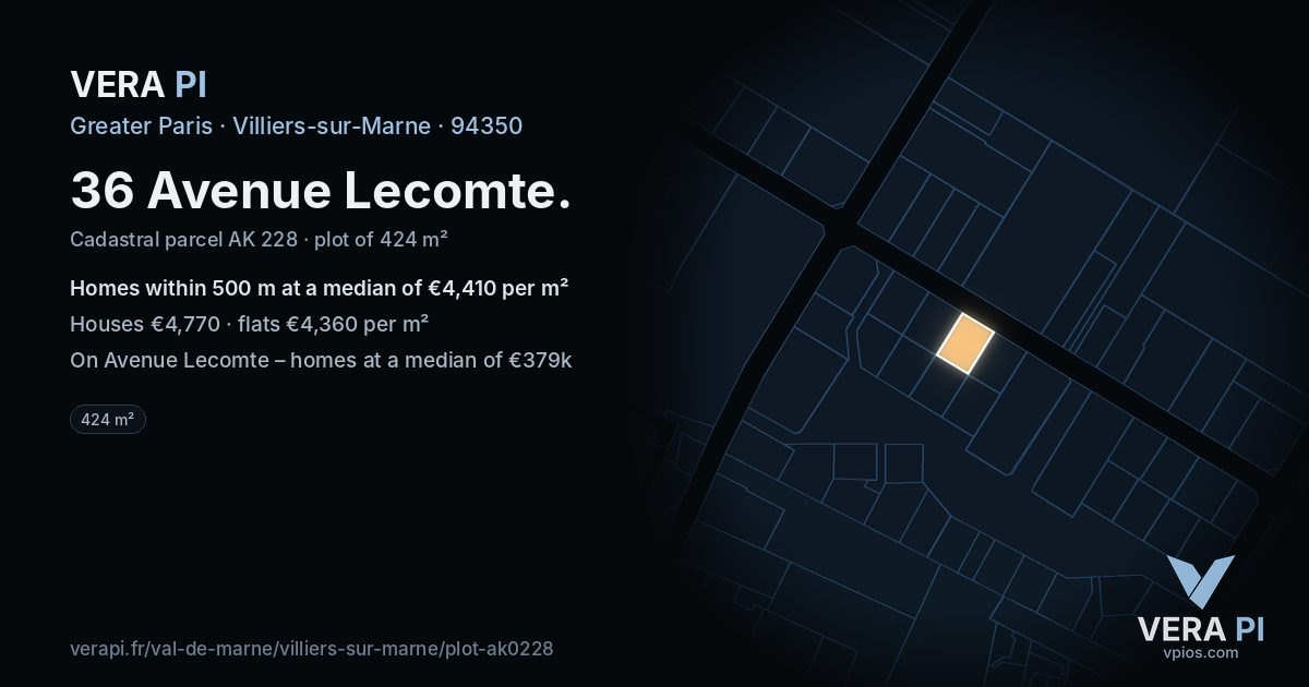 36 Avenue Lecomte, Villiers-sur-Marne at night – the plot lit, the parcels around coloured by the prices near them