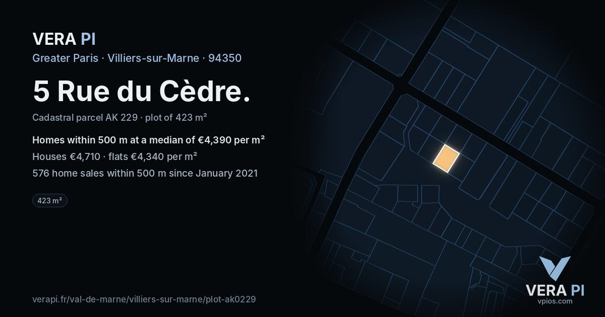 5 Rue du Cèdre, Villiers-sur-Marne at night – the plot lit, the parcels around coloured by the prices near them