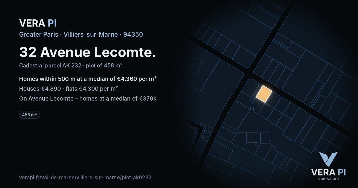 32 Avenue Lecomte, Villiers-sur-Marne at night – the plot lit, the parcels around coloured by the prices near them