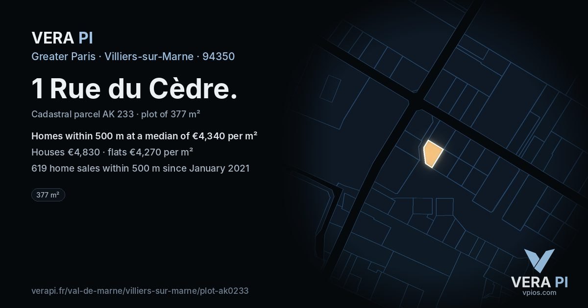 1 Rue du Cèdre, Villiers-sur-Marne at night – the plot lit, the parcels around coloured by the prices near them