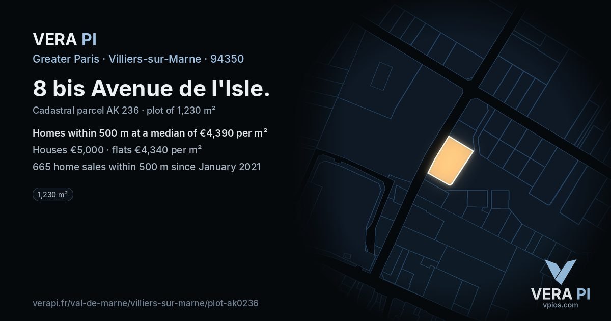 8 bis Avenue de l'Isle, Villiers-sur-Marne at night – the plot lit, the parcels around coloured by the prices near them