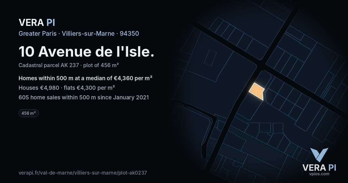 10 Avenue de l'Isle, Villiers-sur-Marne at night – the plot lit, the parcels around coloured by the prices near them