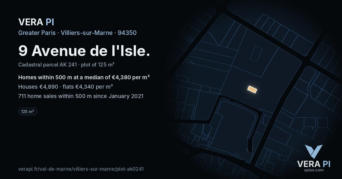 9 Avenue de l'Isle, Villiers-sur-Marne at night – the plot lit, the parcels around coloured by the prices near them