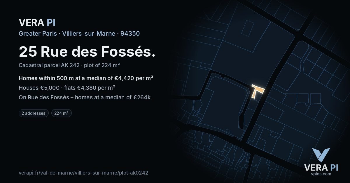 25 Rue des Fossés, Villiers-sur-Marne at night – the plot lit, the parcels around coloured by the prices near them