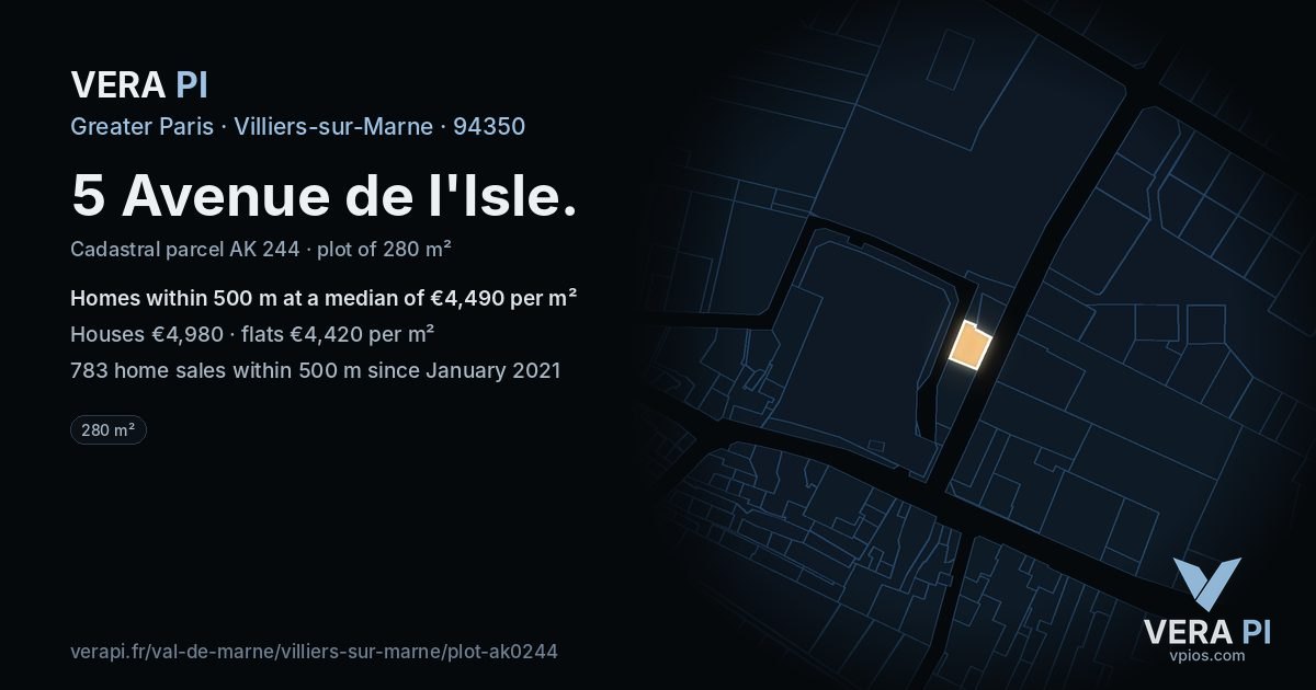 5 Avenue de l'Isle, Villiers-sur-Marne at night – the plot lit, the parcels around coloured by the prices near them