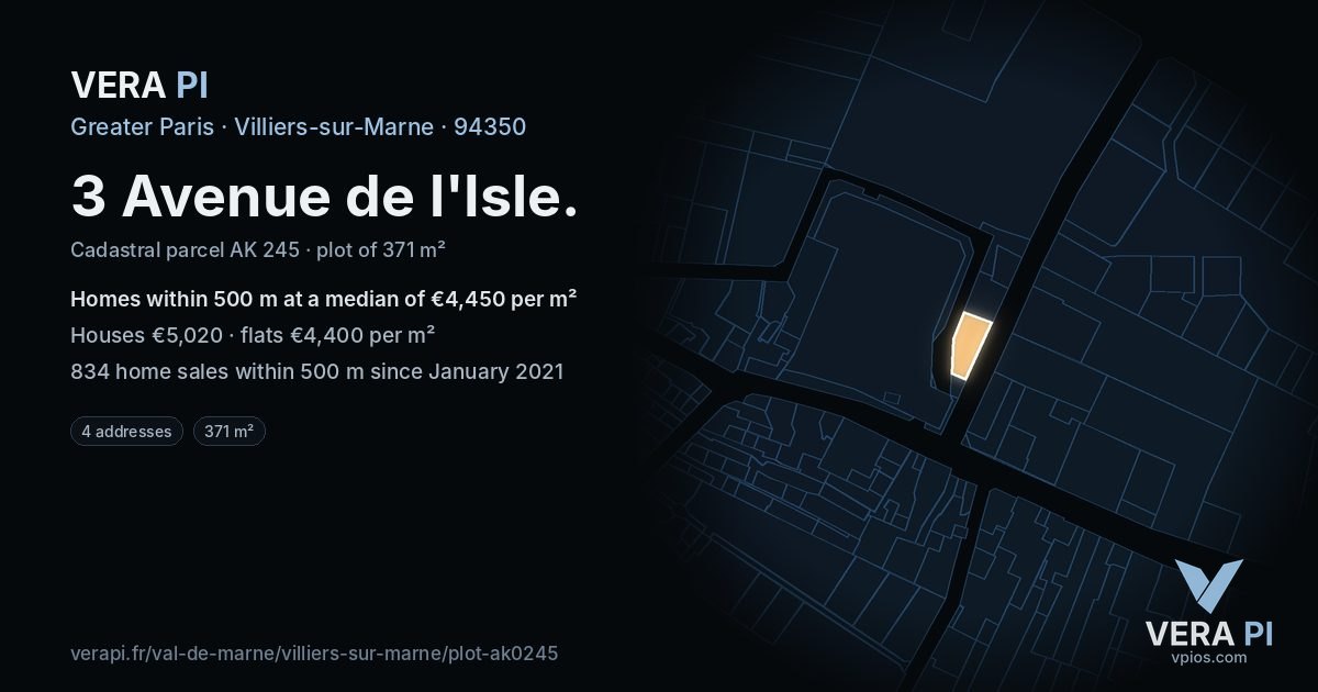 3 Avenue de l'Isle, Villiers-sur-Marne at night – the plot lit, the parcels around coloured by the prices near them