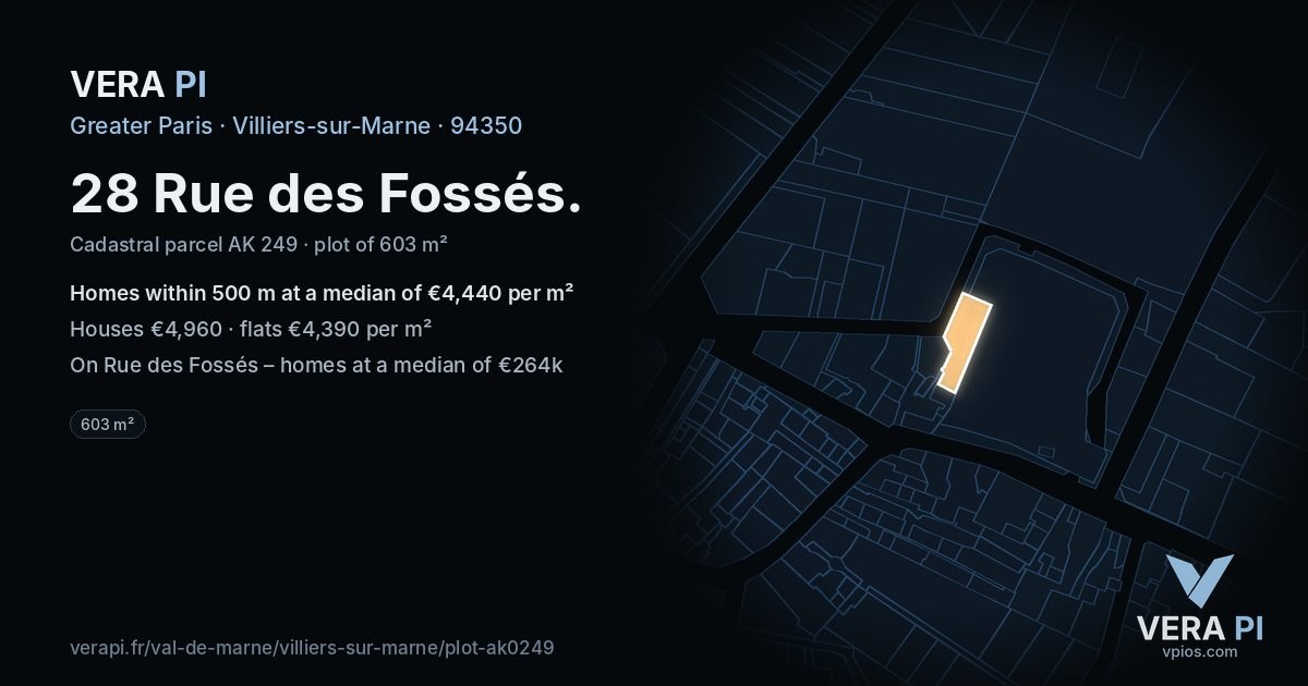 28 Rue des Fossés, Villiers-sur-Marne at night – the plot lit, the parcels around coloured by the prices near them