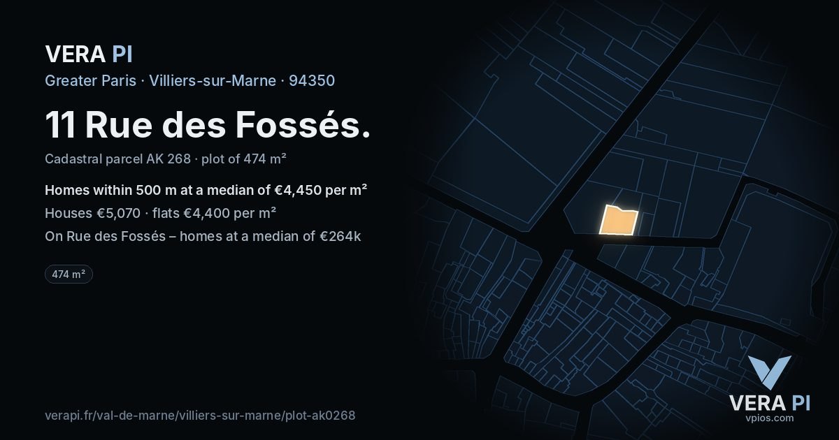 11 Rue des Fossés, Villiers-sur-Marne at night – the plot lit, the parcels around coloured by the prices near them