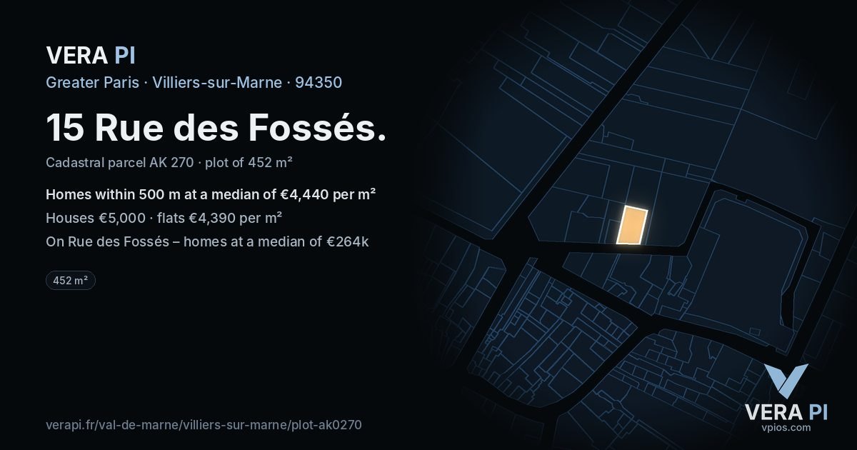 15 Rue des Fossés, Villiers-sur-Marne at night – the plot lit, the parcels around coloured by the prices near them