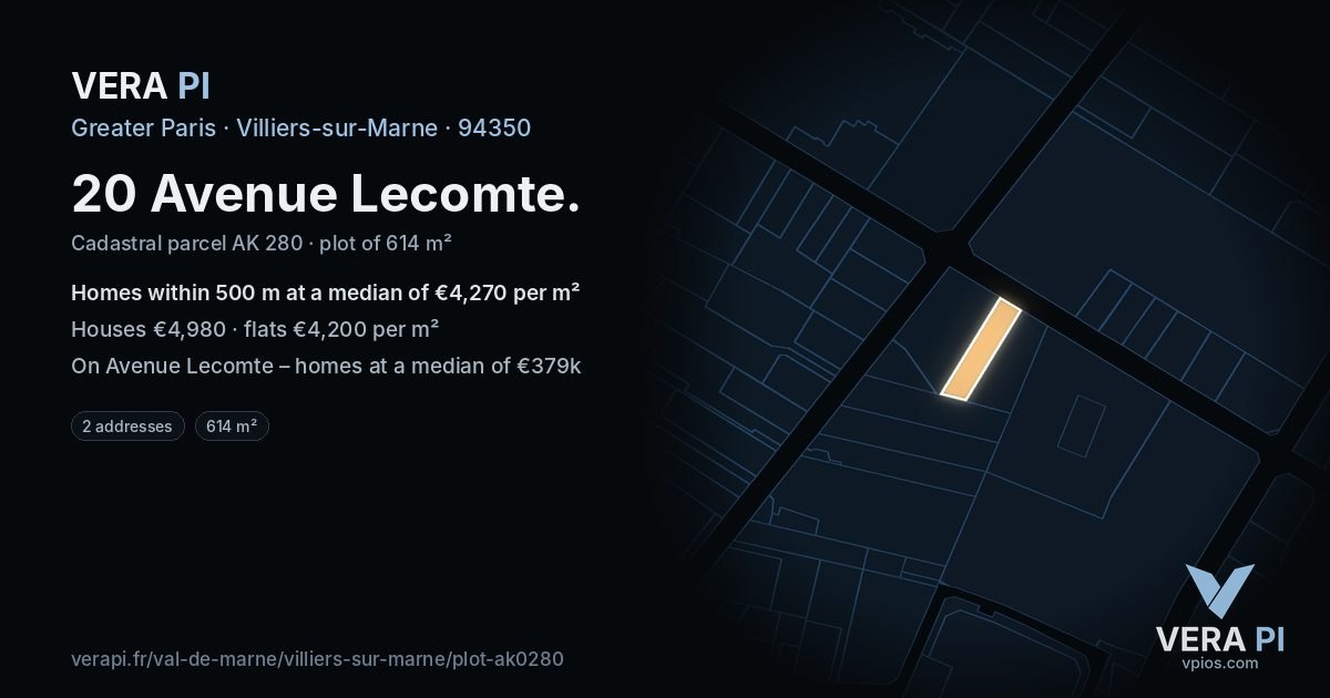 20 Avenue Lecomte, Villiers-sur-Marne at night – the plot lit, the parcels around coloured by the prices near them