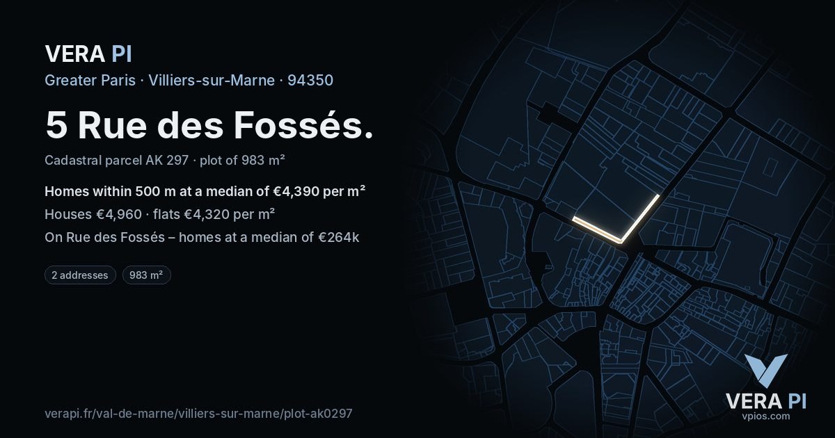 5 Rue des Fossés, Villiers-sur-Marne at night – the plot lit, the parcels around coloured by the prices near them