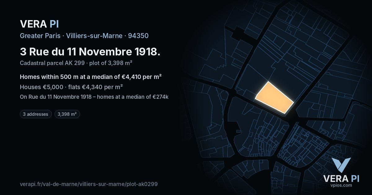 3 Rue du 11 Novembre 1918, Villiers-sur-Marne at night – the plot lit, the parcels around coloured by the prices near them