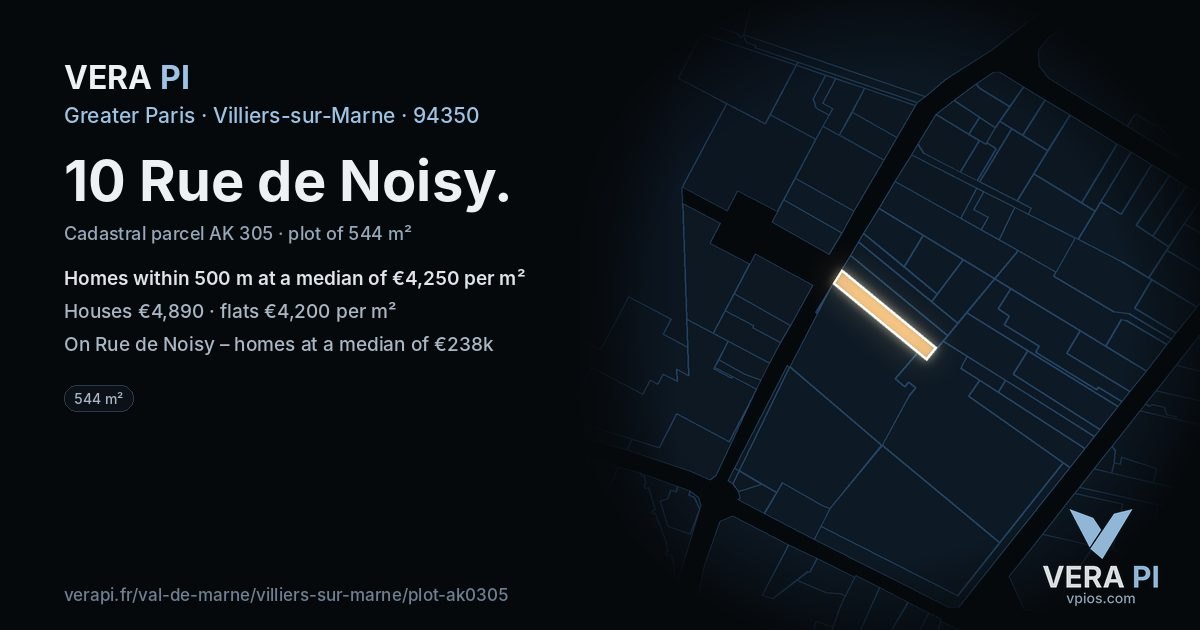 10 Rue de Noisy, Villiers-sur-Marne at night – the plot lit, the parcels around coloured by the prices near them