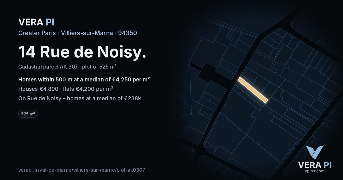 14 Rue de Noisy, Villiers-sur-Marne at night – the plot lit, the parcels around coloured by the prices near them